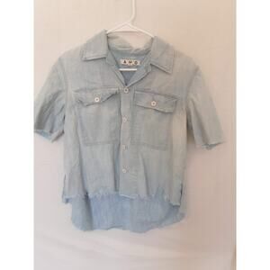 AMO Denim Chambray Raw Hem Short Sleeve Button Down Shirt Women’s XS Made in USA